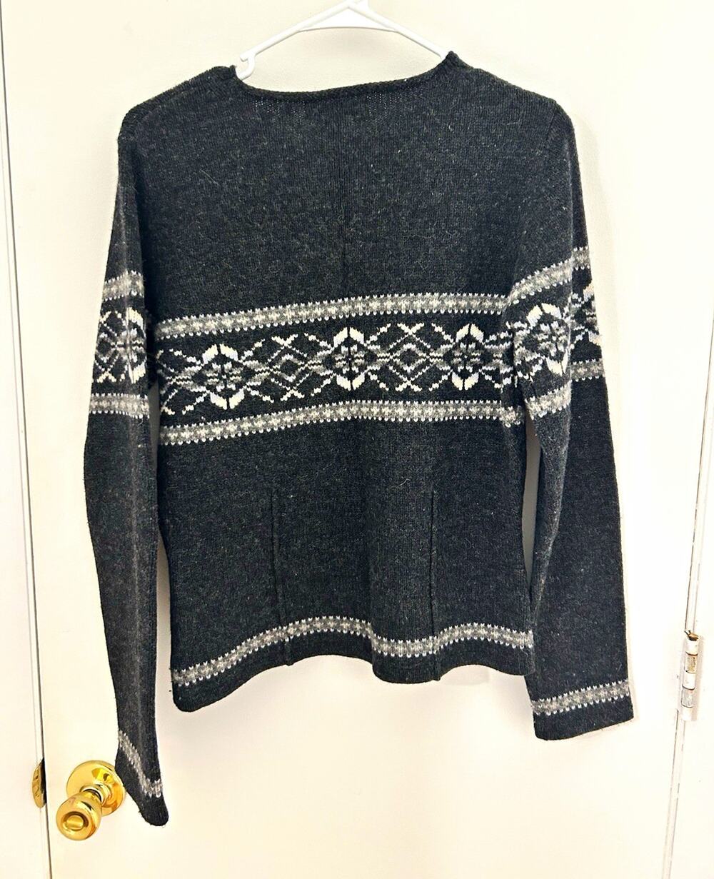 Eddie Bauer 100% Wool Fair Isle Knit Pullover Sweater Crewneck Gray White Size S